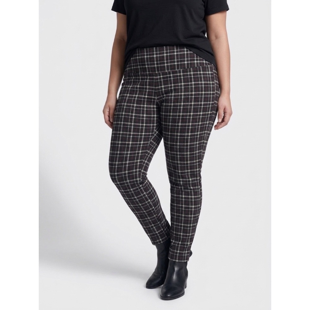 Liz Claiborne Lori Plaid Pull On Pants Maroon Black White XL Slim Leg High Rise